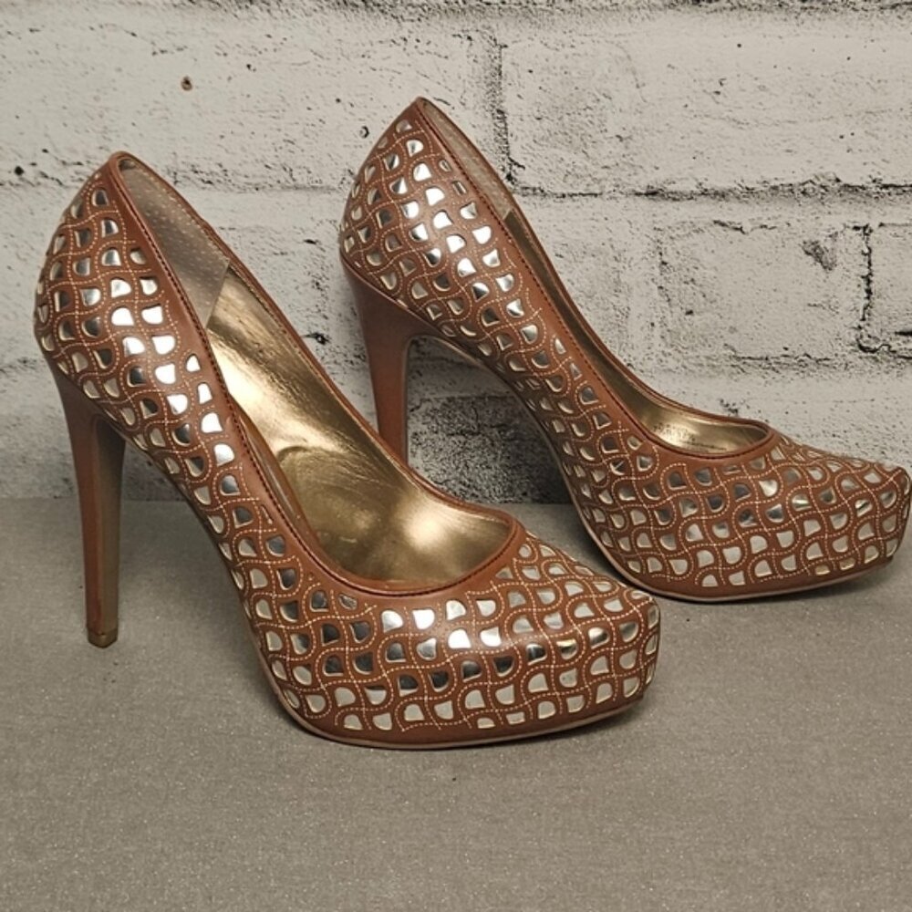 BCBGeneration Brown Silver Cutout Platform Stiletto Pumps Heels Size 7.5